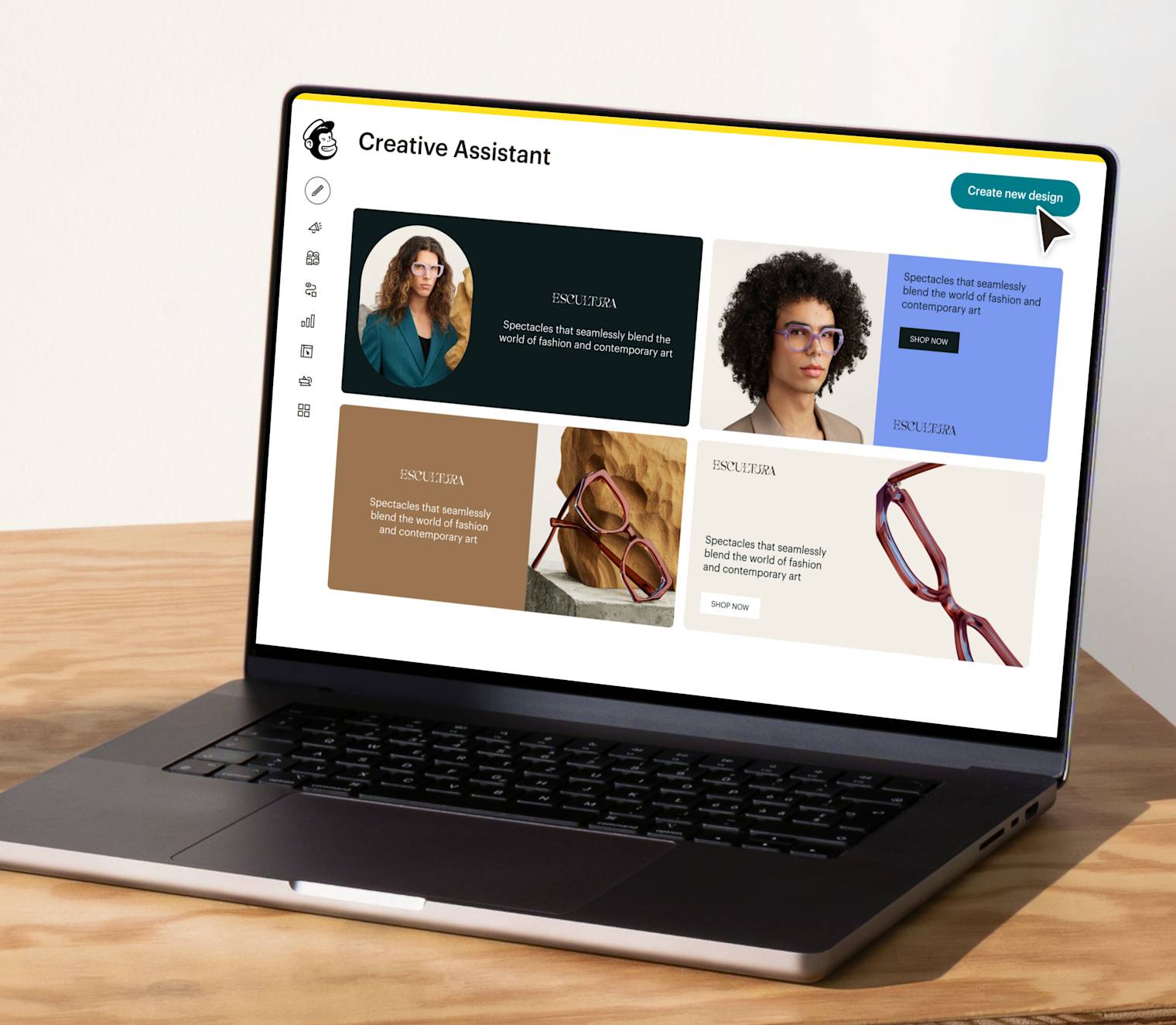 Image of a laptop with a screen displaying Mailchimp’s Creative Assistant feature. The visual shows generated designs from the fictitious brand Escultura, demonstrating how AI-assisted content creation tools can help develop unique and personalized marketing content.