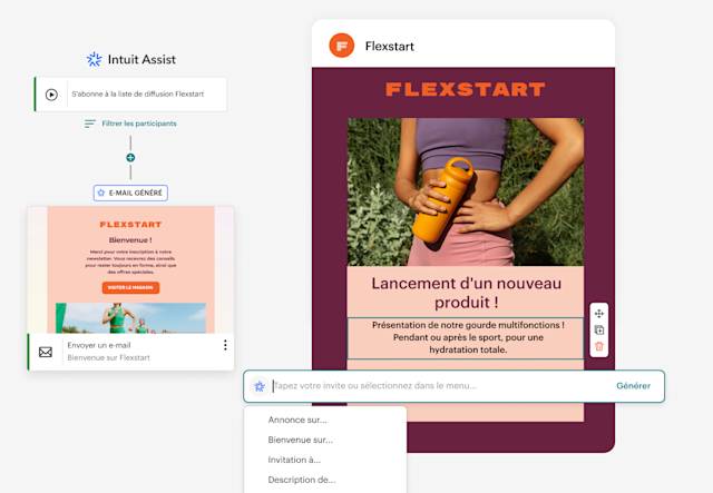 Interface utilisateur montrant la personnalisation des e-mails à l'aide de recommandations basées sur l'IA