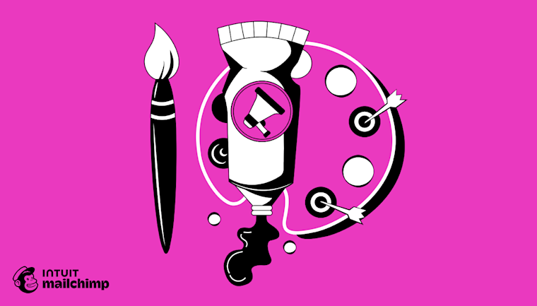 Black and white illustration of a paintbrush, megaphone, and target icons on a bright pink background with Mailchimp logo