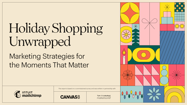 Colorful geometric holiday-themed cover design with title "Holiday Shopping Unwrapped" featuring decorative patterns and partner logos