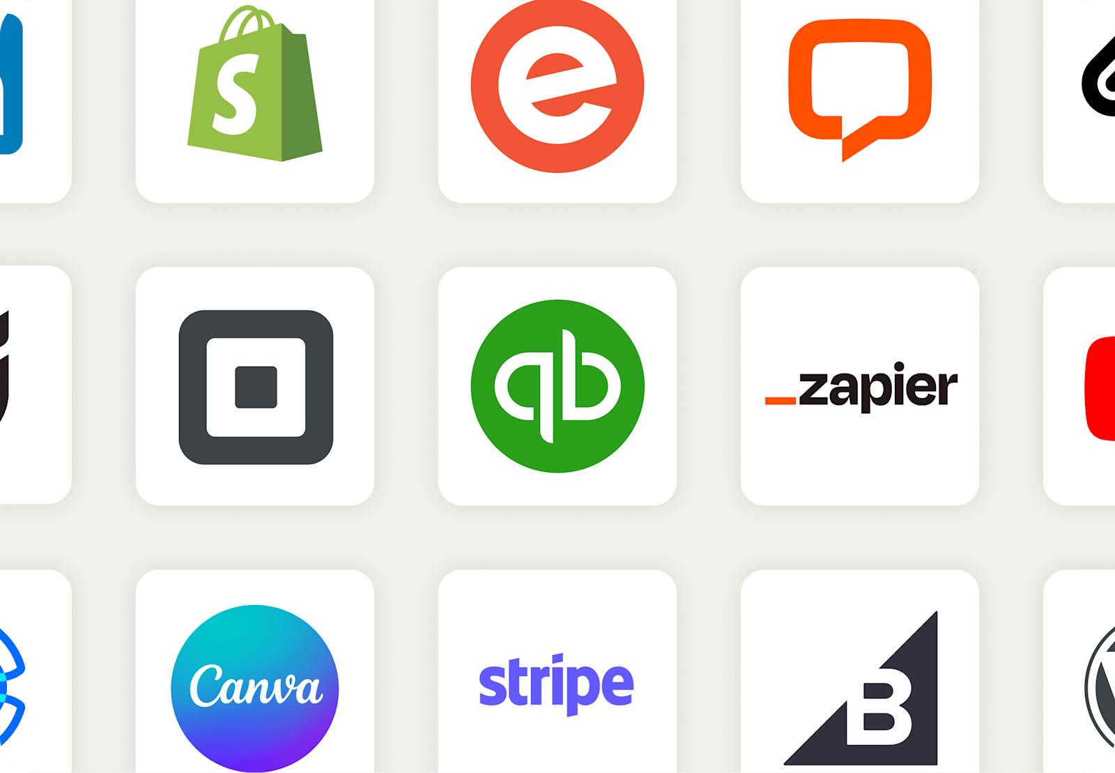 Image displaying a tiled pattern of various integration logos, representing the extensive range of Mailchimp's integration options. The logos include popular software and services, highlighting the versatility and connectivity of Mailchimp to streamline marketing efforts across different platforms.