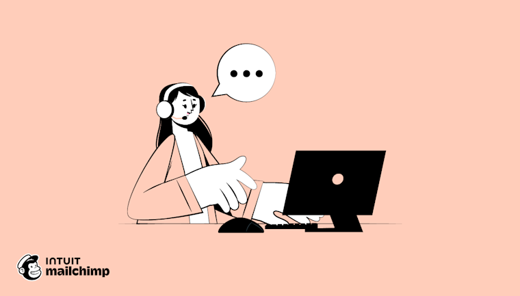 Simple black and white illustration of a person looking puzzled while working at a computer, with Mailchimp logo below
