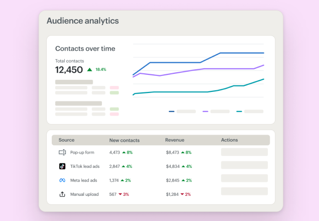 Analytics dashboard showing audience growth metrics with line graphs and data tables tracking contacts, sources, and engagement over time