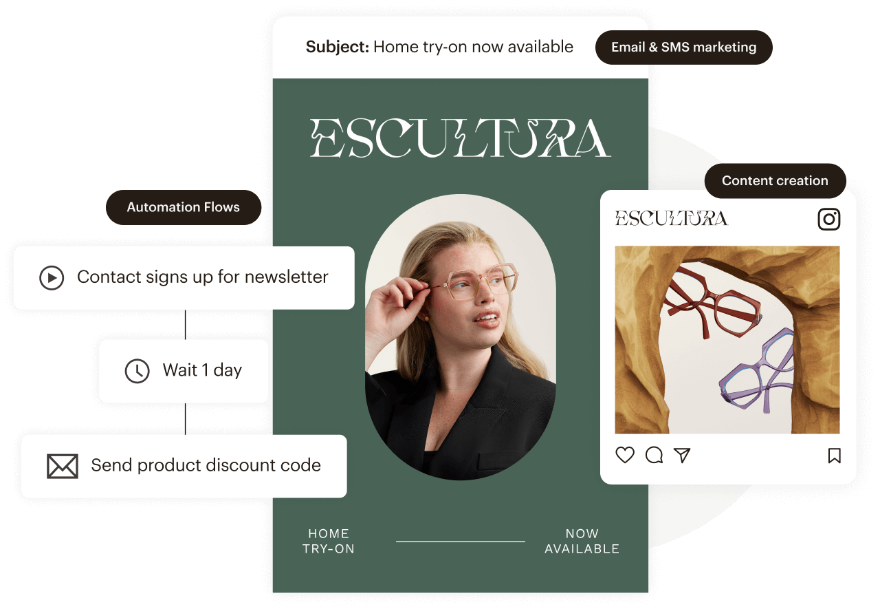 A cluster of buttons reading “Email & SMS marketing,” “Automated Flows,” and “Content creation,” next to imagery of a product email, an automated user flow, and a generated brand asset, respectively.