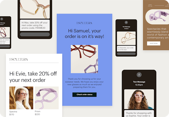 Image of various abstract emails and SMS interfaces from the ficticious brand Escultura. The visual demonstrates how businesses can welcome new contacts and recover abandoned carts, with AI-generated automations and fully-built emails.