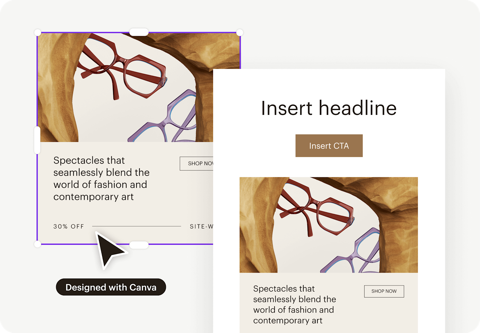 Image of an abstract Canva graphic interface, where the graphic is actively being imported into an email campaign layout. The visual shows how users can use various creative integrations, such as Canva and Shutterstock.