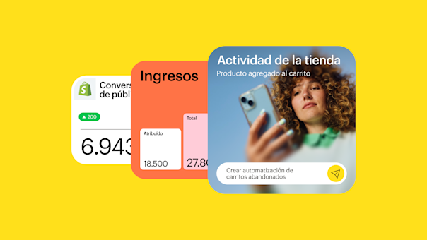 Un panel de control de análisis de Shopify que muestra las métricas de actividad de la tienda, los datos de ingresos y las estadísticas de conversión del público superpuestas sobre un fondo fotográfico de estilo de vida