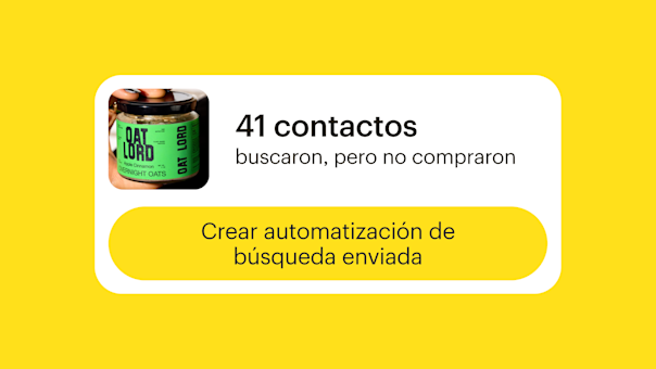 Un tarro de avena Oat Lord con etiqueta verde con un fondo amarillo, mostrando estadísticas de 41 contactos buscados y un aviso de automatización