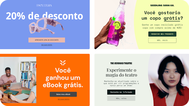 Quatro exemplos imaginários de formulários pop-up, mostrando vários modelos, fotografias e esquemas de cores para quatro marcas fictícias. Os formulários pop-up oferecem descontos de 10% a 20% em troca de inscrições por email.
