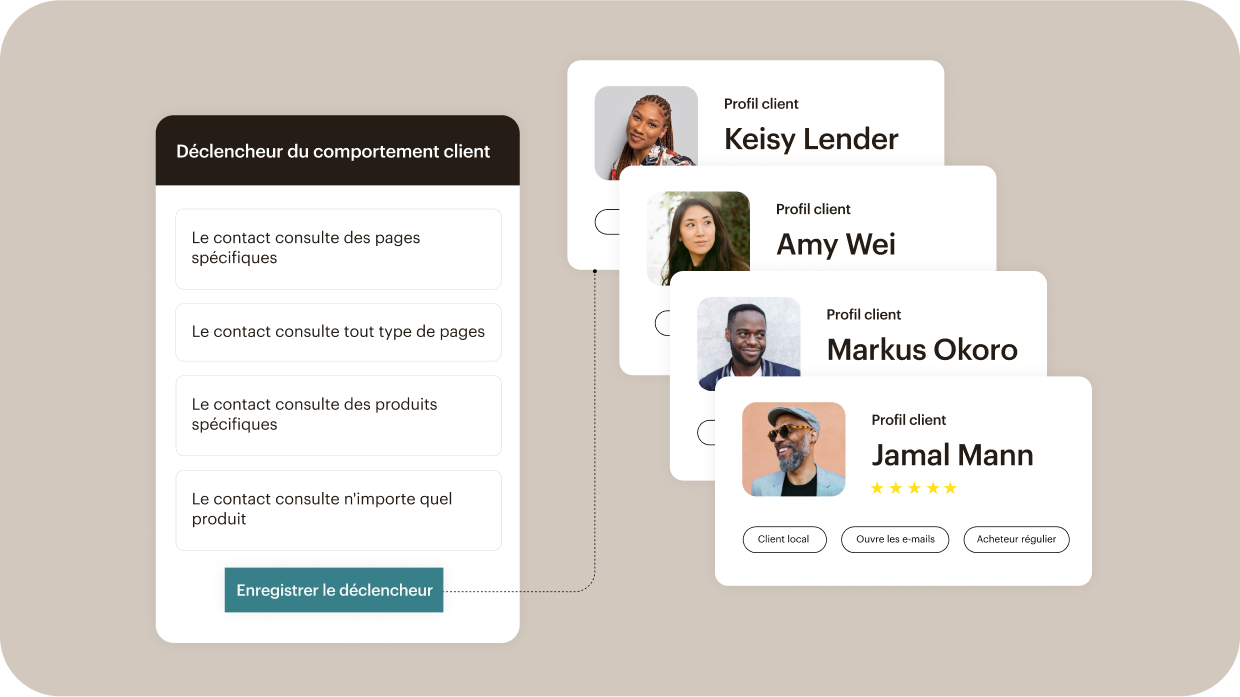 Tableau de bord affichant les profils des clients et les outils de segmentation d’audience de Mailchimp pour les campagnes de marketing.