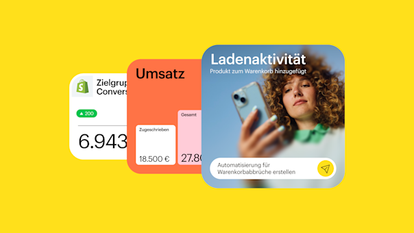Ein Shopify-Analyse-Dashboard, das Aktivitätskennzahlen, Umsatzdaten und Zielgruppen-Konversionsstatistiken auf einem Lifestyle-Fotohintergrund anzeigt