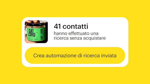 Un barattolo di avena Oat Lord overnight con etichetta verde su sfondo giallo, che mostra le statistiche di 41 contatti cercati e il prompt di automazione