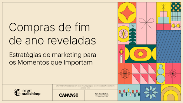 Design de capa colorido com tema geométrico de festas de fim de ano com o título "Compras de fim de ano reveladas", apresentando padrões decorativos e logotipos de parceiros