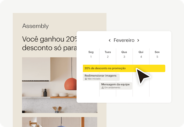 Imagem de uma interface de e-mail de descontos abstrata, da marca fictícia Assembly, com a interface de usuário abstrata flutuante do Gerenciador de Campanha do Mailchimp. O visual mostra como as empresas podem utilizar o recurso para envolver os clientes e criar campanhas integradas e descomplicadas por e-mail, redes sociais e outros canais.