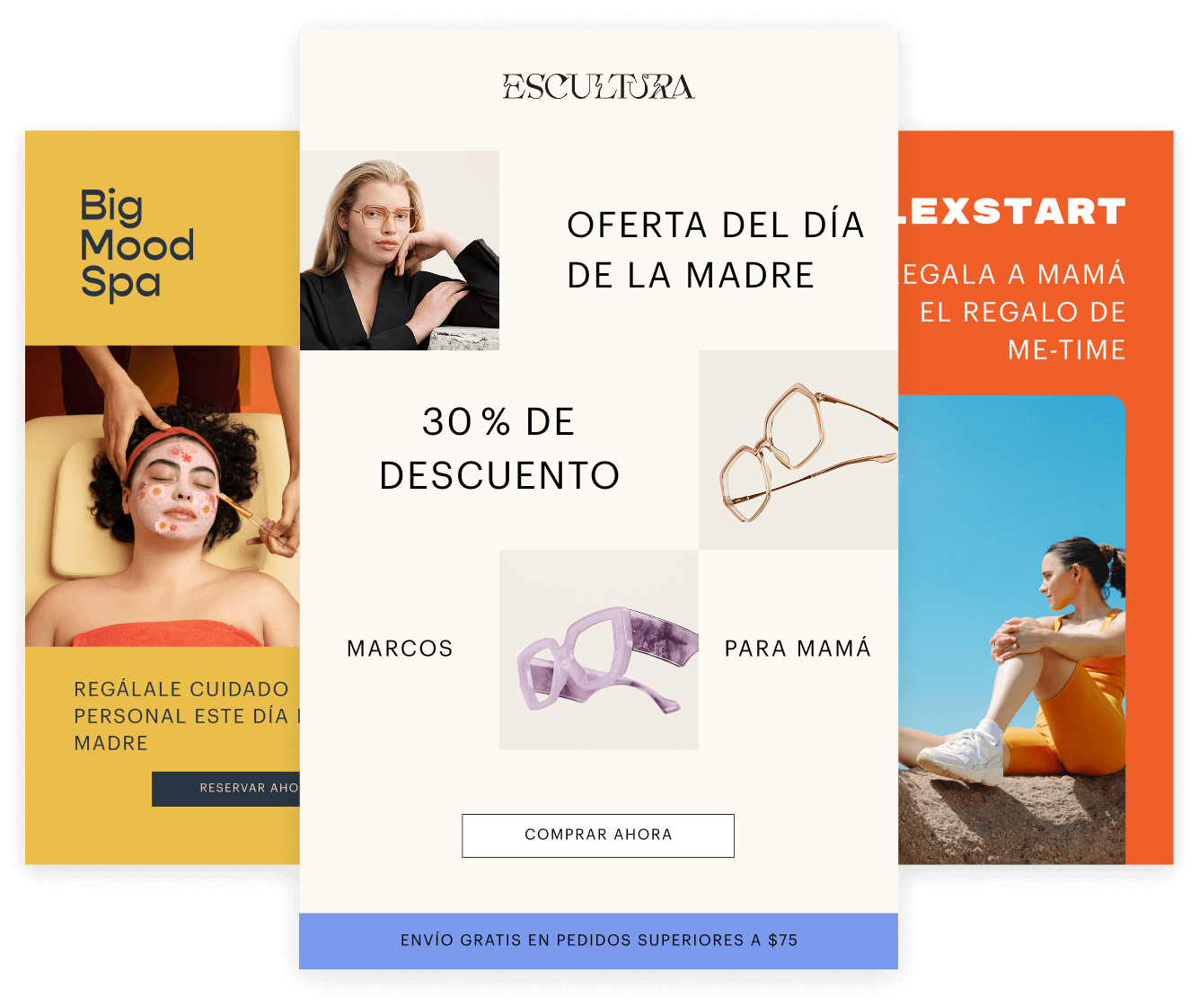 Un collage de imágenes promocionales que muestra gafas, plantas y contenido de entrenamiento con superposiciones de texto para suscribirse por SMS y obtener ofertas