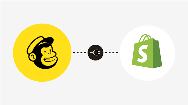 Mailchimp and Shopify logos connected by a plug icon showing the Shopify and Mailchimp integration.